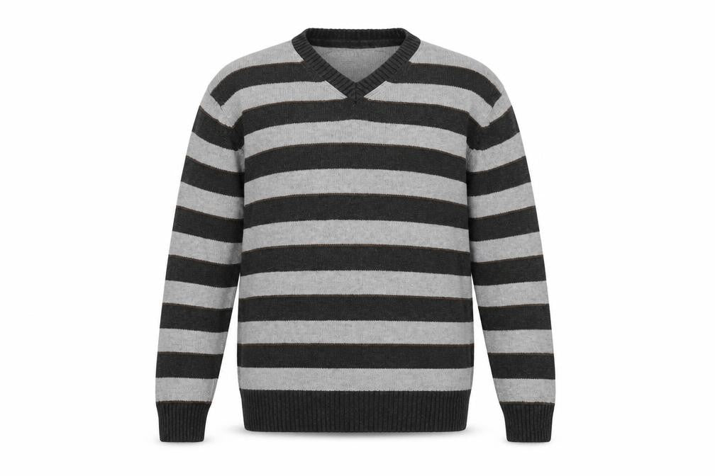 RJR.John Rocha Mens Grey V-Neck Striped Cotton Pullover Jumper Size M Long Sleeve