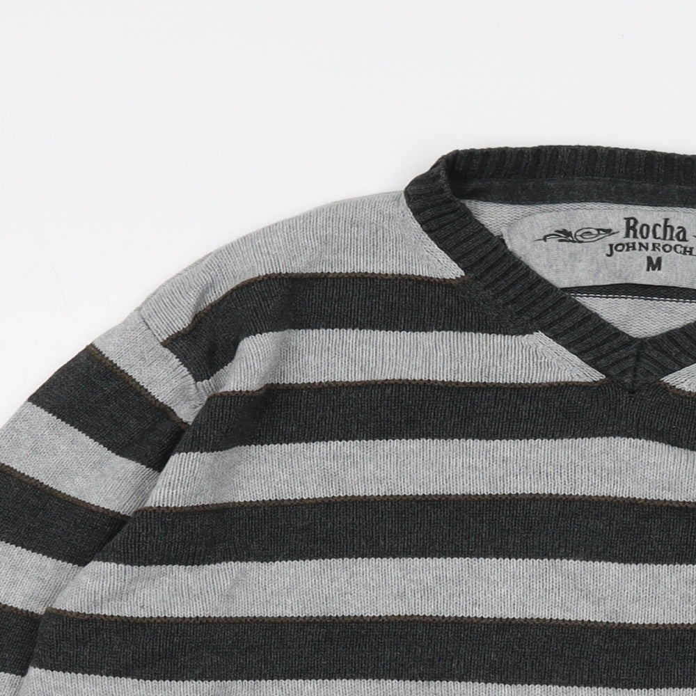 RJR.John Rocha Mens Grey V-Neck Striped Cotton Pullover Jumper Size M Long Sleeve