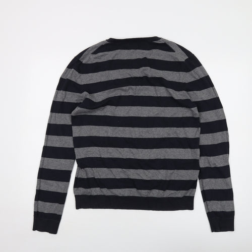 Gap Mens Grey V-Neck Striped Cotton Pullover Jumper Size L Long Sleeve