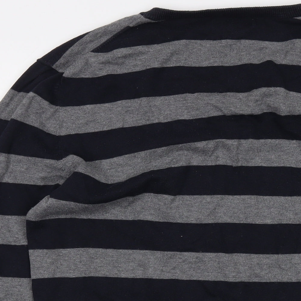 Gap Mens Grey V-Neck Striped Cotton Pullover Jumper Size L Long Sleeve