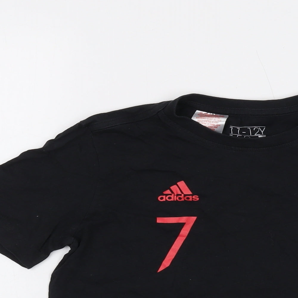 adidas Boys Black Cotton Basic T-Shirt Size 11-12 Years Crew Neck Pullover - Ronaldo