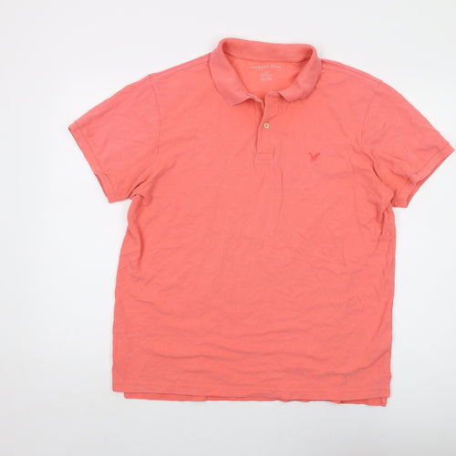 American Eagle Mens Orange Cotton Polo Size L Collared Button