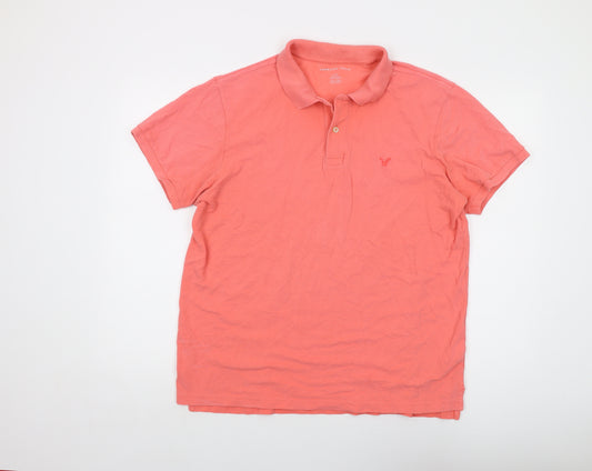 American Eagle Mens Orange Cotton Polo Size L Collared Button