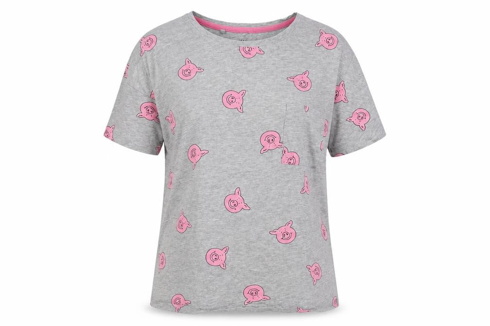 Front view of Percy Pig women’s grey geometric cotton basic t-shirt, size UK 8, round neck