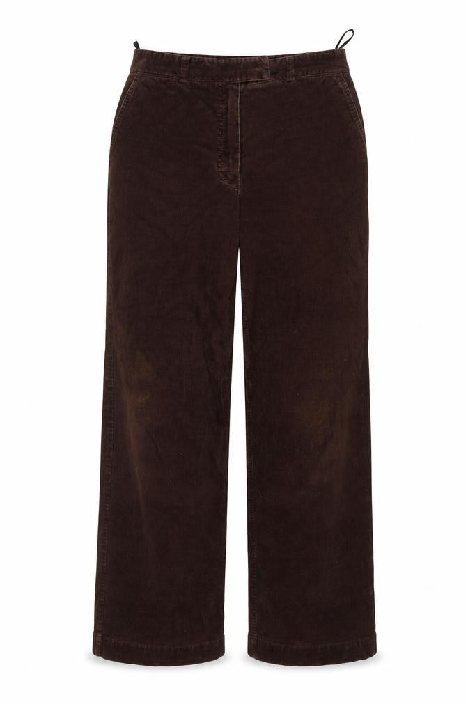 Front view of Olsen women’s brown cotton trousers, size UK 28, in, 31-inch leg regular button