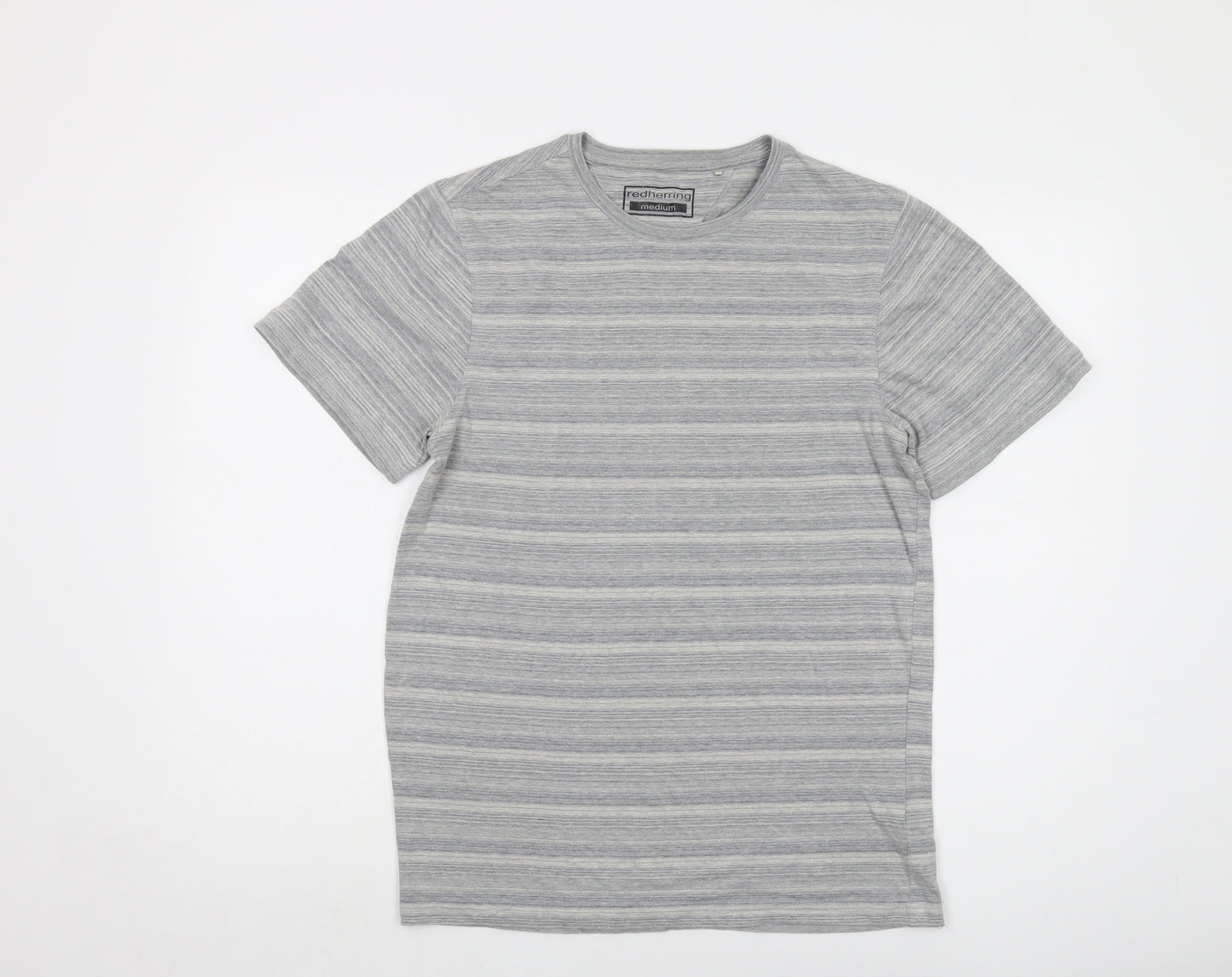 Red Herring Mens Grey Striped Cotton T-Shirt Size M Round Neck