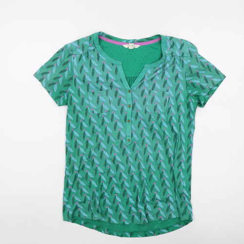 White Stuff Womens Green Geometric Cotton Basic T-Shirt Size 8 V-Neck