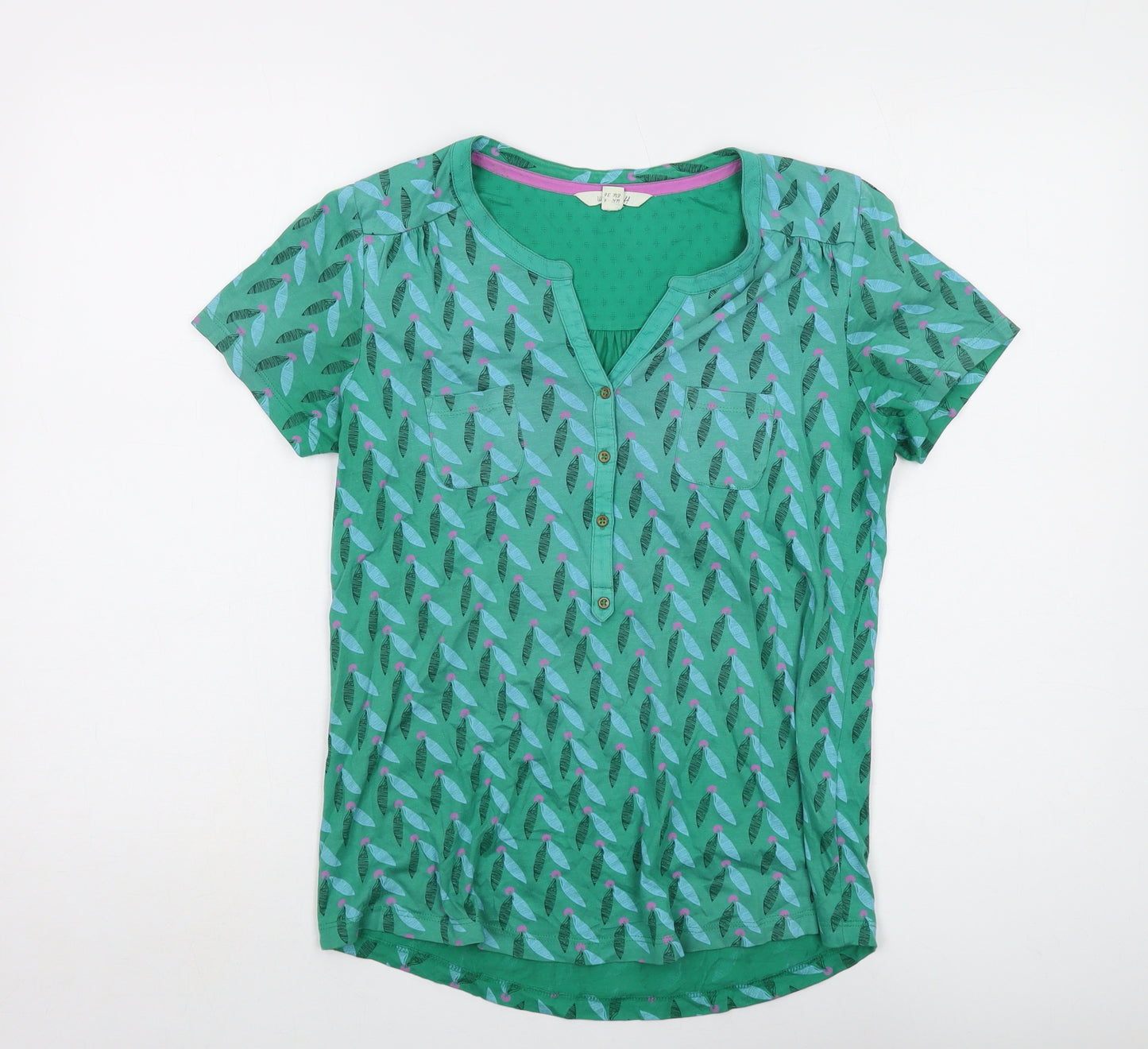 White Stuff Womens Green Geometric Cotton Basic T-Shirt Size 8 V-Neck