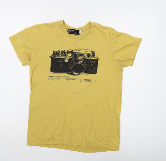 Scene Womens Yellow Cotton Basic T-Shirt Size M Crew Neck