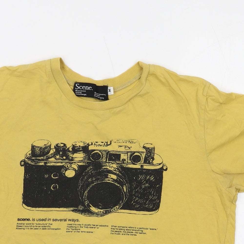 Scene Womens Yellow Cotton Basic T-Shirt Size M Crew Neck