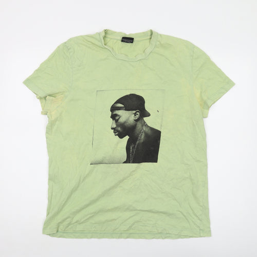 2pac Mens Green Cotton T-Shirt Size M Crew Neck