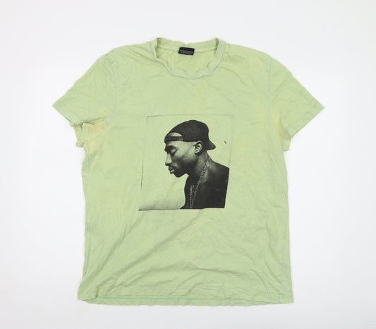 2pac Mens Green Cotton T-Shirt Size M Crew Neck