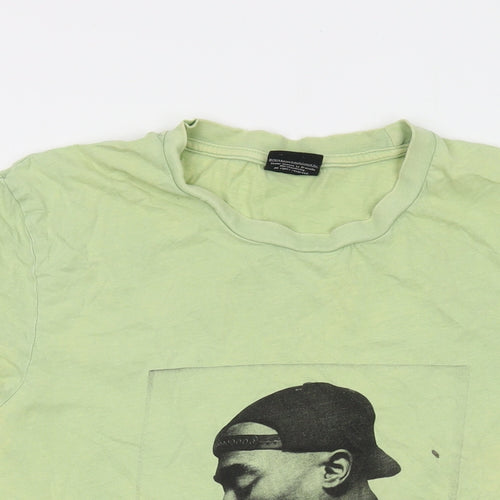 2pac Mens Green Cotton T-Shirt Size M Crew Neck