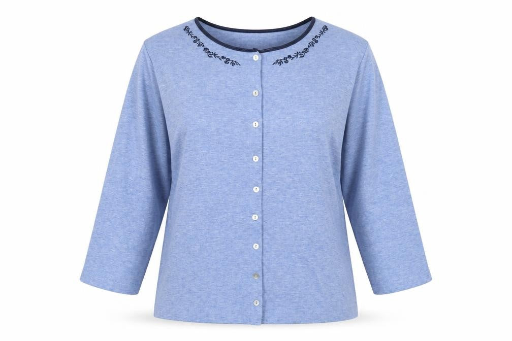 Front view of Carolyn Taylor women’s blue polyester basic t-shirt, size S, round neck
