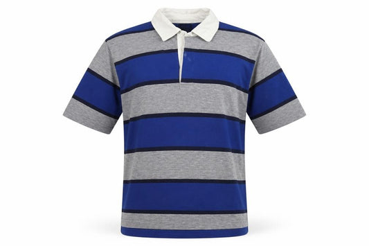 Front view of Now men’s blue striped polyester polo, size XL, collared button