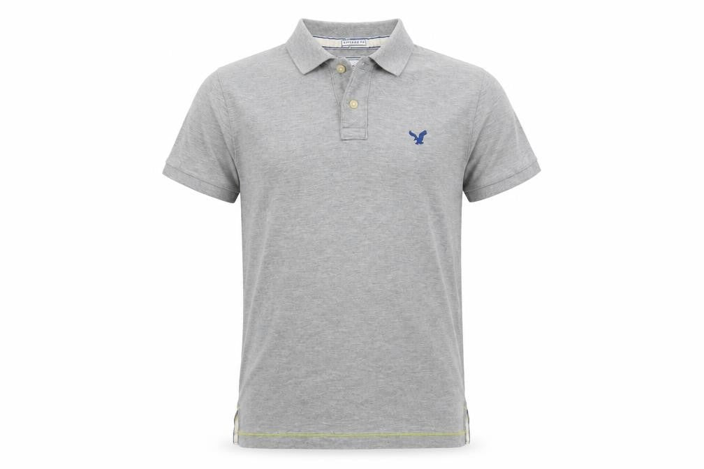 Front view of American Eagle men’s grey cotton polo, size M, collared button - vintage