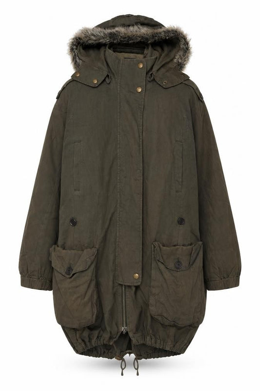 Front view of Witchery women’s green parka jacket, size UK 10, zip