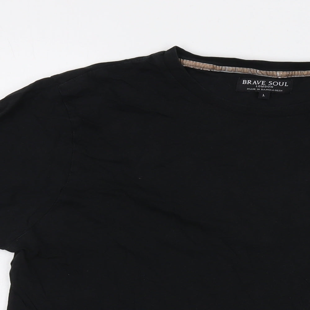 Brave Soul Mens Black Cotton T-Shirt Size L Crew Neck