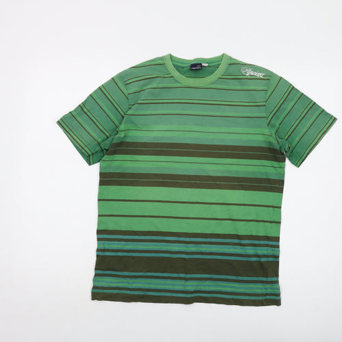 RIP CURL Mens Green Striped Cotton T-Shirt Size M Crew Neck