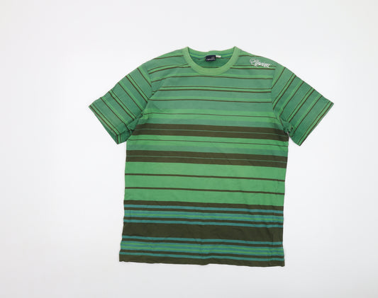 RIP CURL Mens Green Striped Cotton T-Shirt Size M Crew Neck