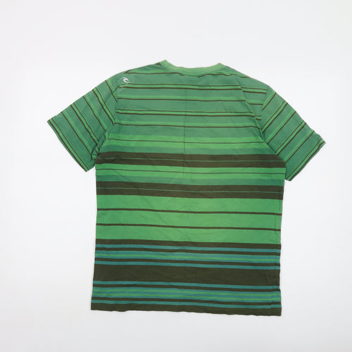 RIP CURL Mens Green Striped Cotton T-Shirt Size M Crew Neck