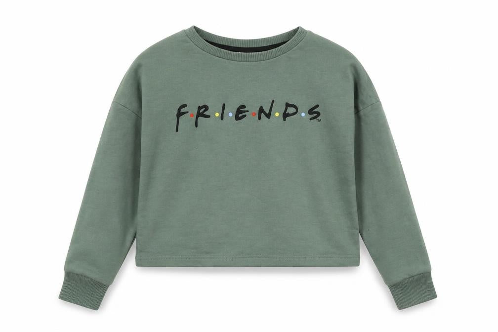 Front view of Friends girls’ green cotton pullover sweatshirt, size 9-10, years pullover