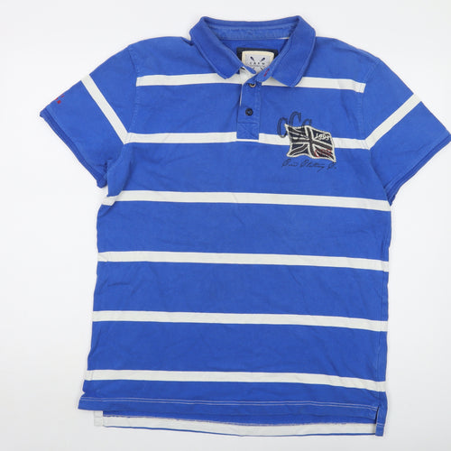 Crew Clothing Mens Blue Striped Cotton Polo Size L Collared Button