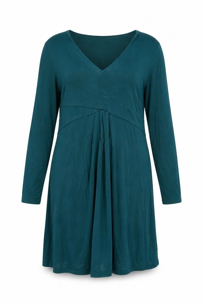Front view of East women’s green viscose a-line, size UK 14, v-neck pullover