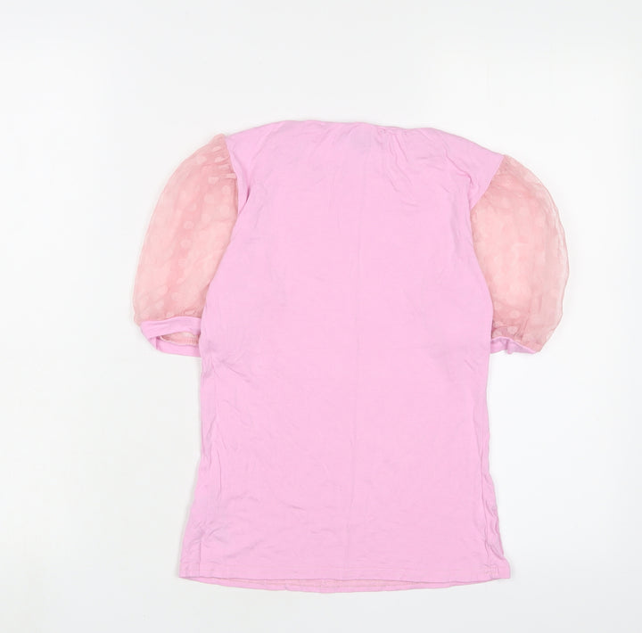 New Look Womens Pink Polka Dot Viscose Basic T-Shirt Size 10 Crew Neck