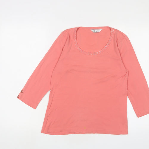 BHS Womens Pink Cotton Basic T-Shirt Size 14 Crew Neck - Beaded