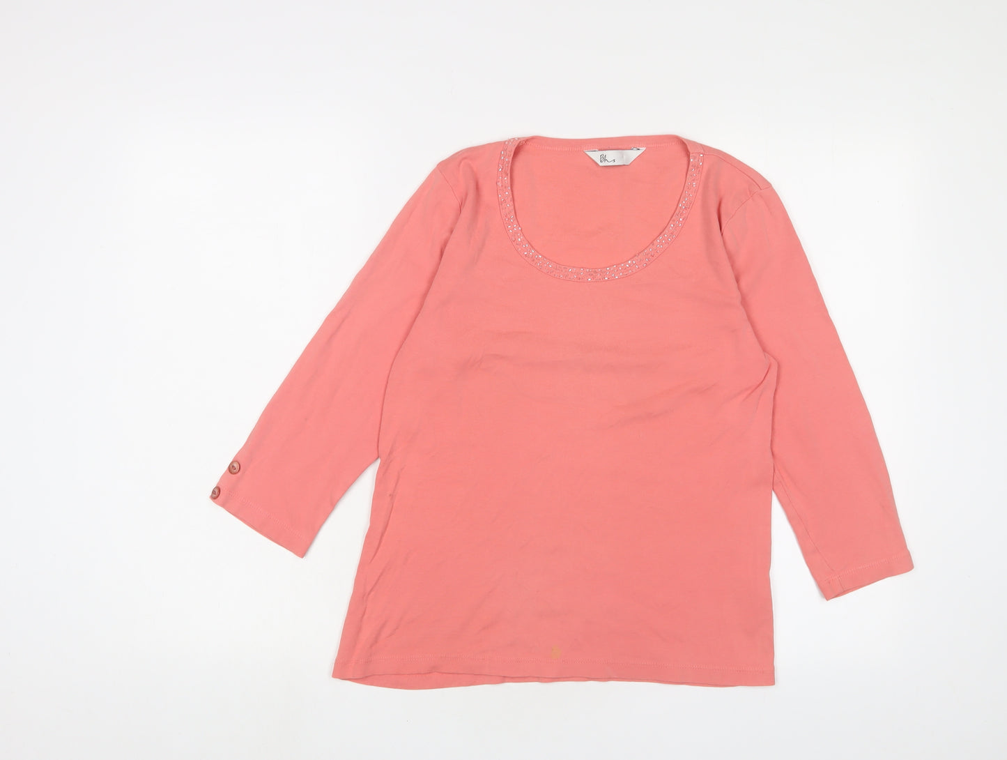 BHS Womens Pink Cotton Basic T-Shirt Size 14 Crew Neck - Beaded