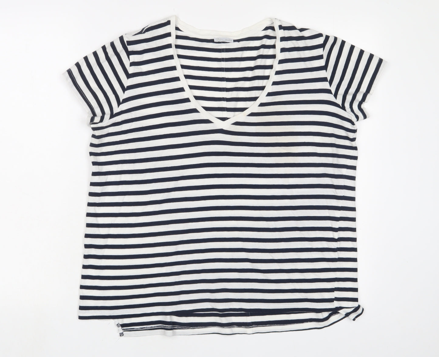 Zara Womens White Striped Cotton Basic T-Shirt Size L V-Neck