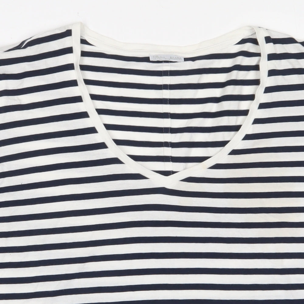 Zara Womens White Striped Cotton Basic T-Shirt Size L V-Neck