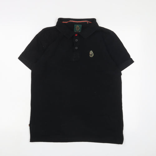 Luke Mens Black Cotton Polo Size M Collared Button - Logo, Embroidered