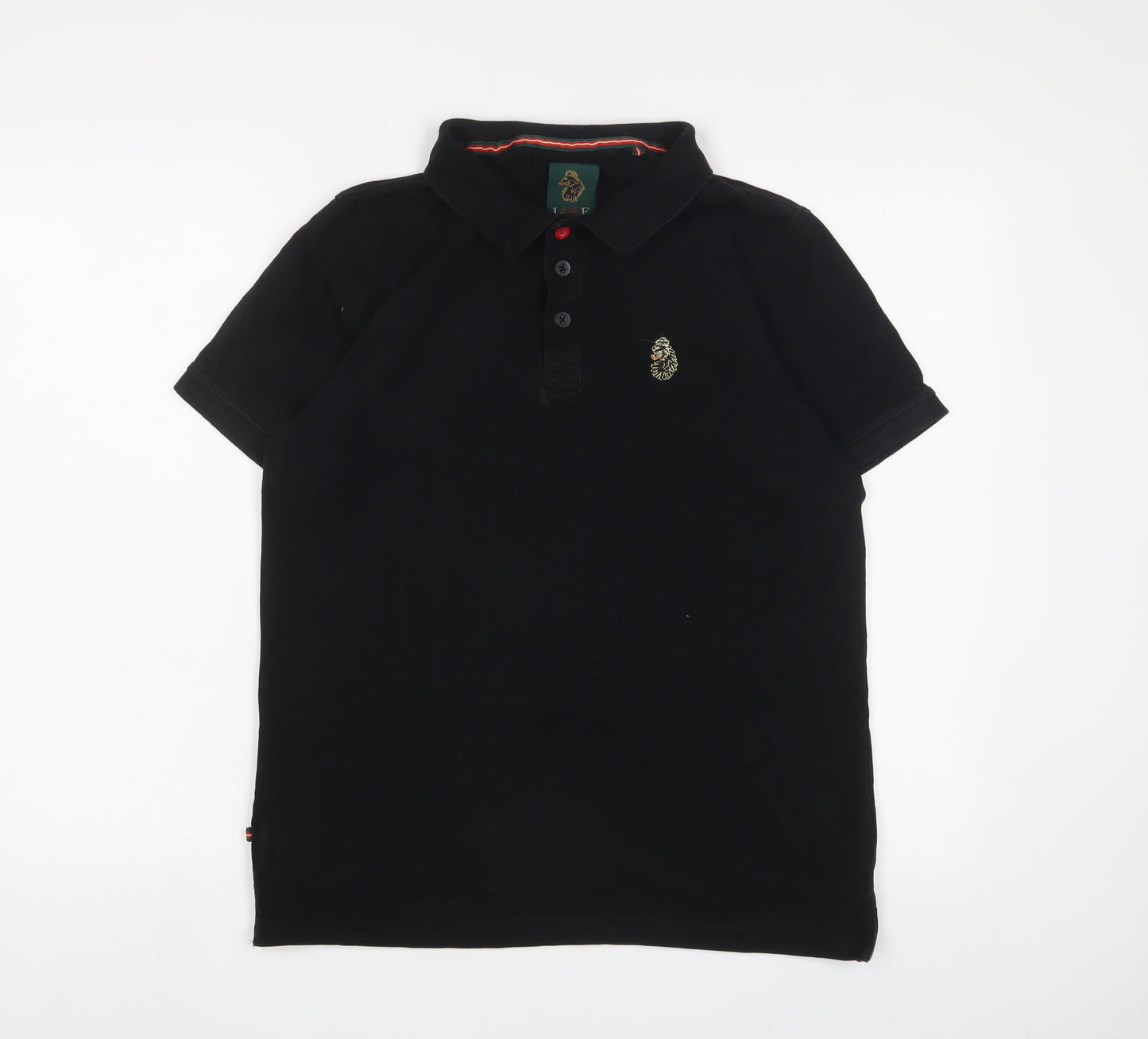 Luke Mens Black Cotton Polo Size M Collared Button - Logo, Embroidered