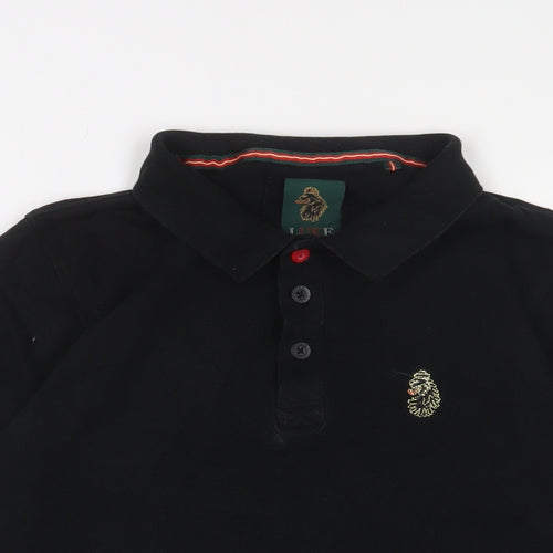 Luke Mens Black Cotton Polo Size M Collared Button - Logo, Embroidered