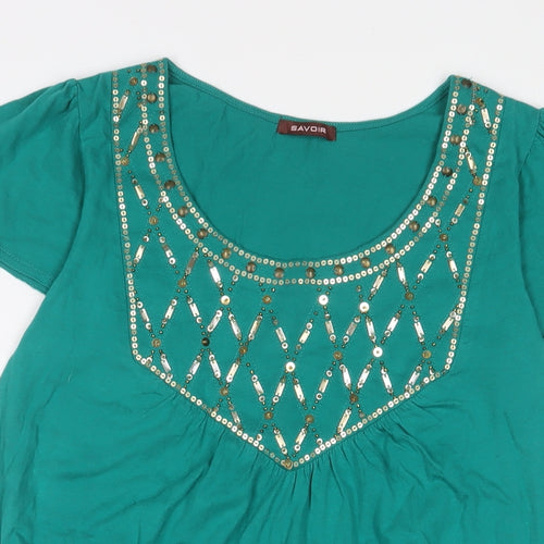 Savoir Womens Green Cotton Tunic T-Shirt Size 10 Scoop Neck - Sequins