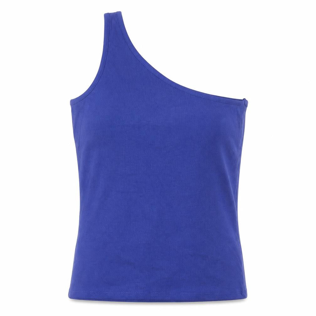 Front view of Marks & Spencer women’s blue cotton basic tank, size UK 16, one shoulder
