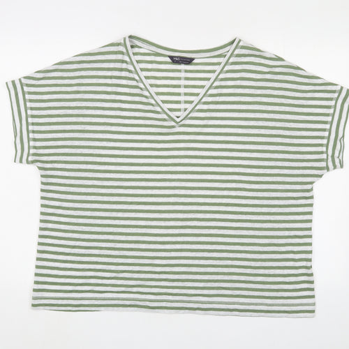 Marks and Spencer Womens Green Striped Linen Basic T-Shirt Size 18 V-Neck