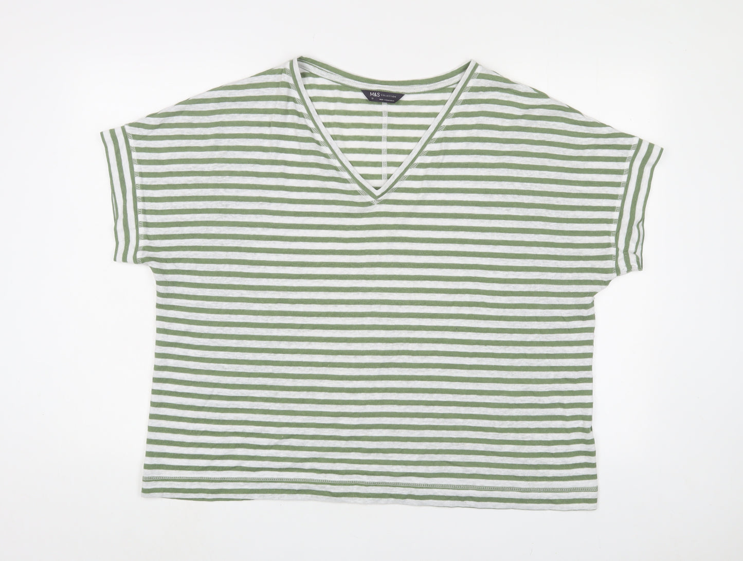 Marks and Spencer Womens Green Striped Linen Basic T-Shirt Size 18 V-Neck