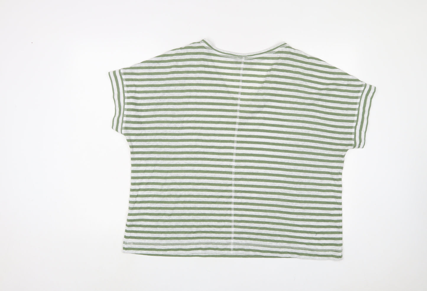 Marks and Spencer Womens Green Striped Linen Basic T-Shirt Size 18 V-Neck