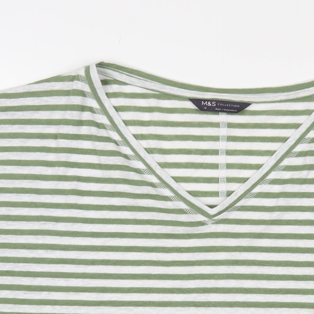 Marks and Spencer Womens Green Striped Linen Basic T-Shirt Size 18 V-Neck