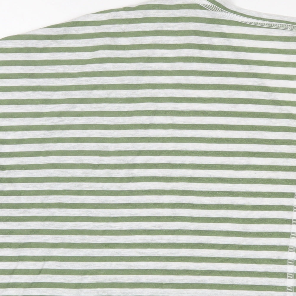 Marks and Spencer Womens Green Striped Linen Basic T-Shirt Size 18 V-Neck