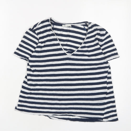 Zara Womens Blue Striped Linen Basic T-Shirt Size M V-Neck