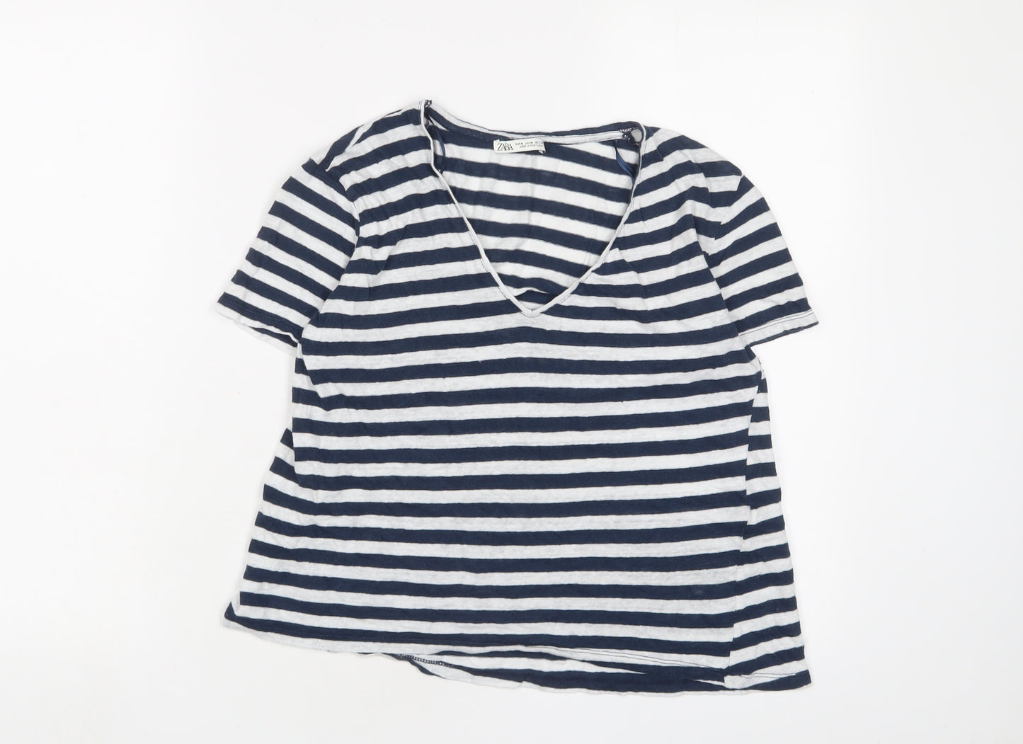 Zara Womens Blue Striped Linen Basic T-Shirt Size M V-Neck