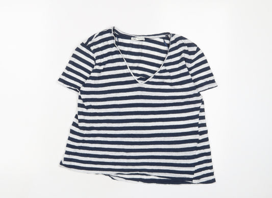 Zara Womens Blue Striped Linen Basic T-Shirt Size M V-Neck