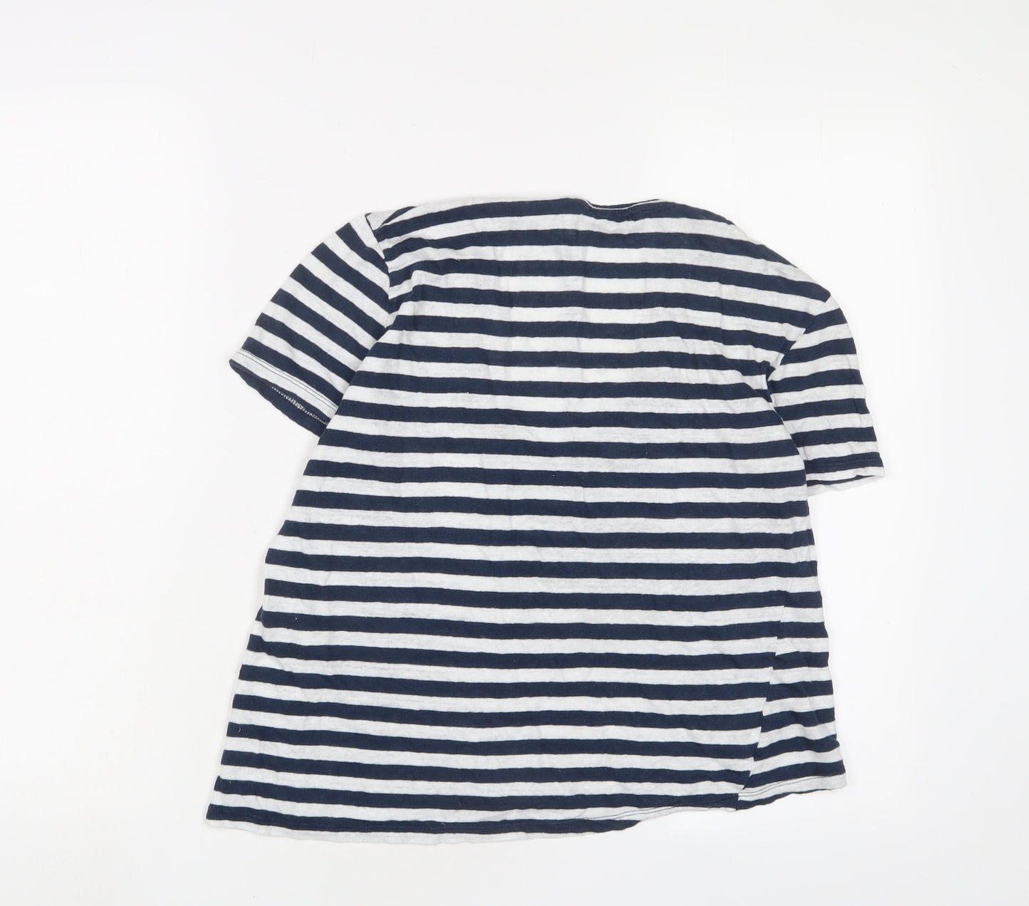 Zara Womens Blue Striped Linen Basic T-Shirt Size M V-Neck