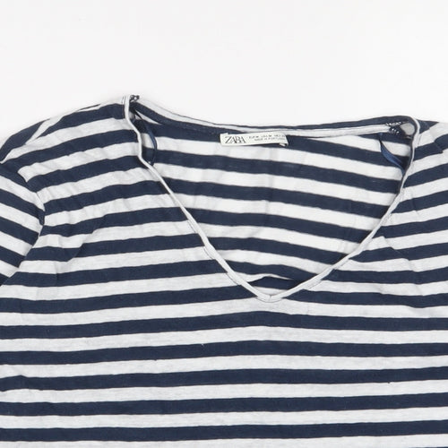 Zara Womens Blue Striped Linen Basic T-Shirt Size M V-Neck