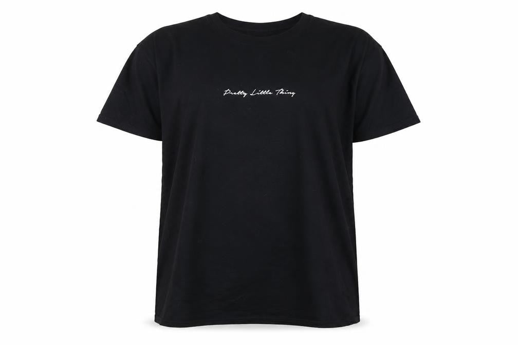 Front view of PRETTYLITTLETHING women’s black cotton basic t-shirt, size L, crew neck - logo, embroidered