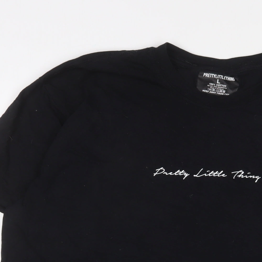 PRETTYLITTLETHING Womens Black Cotton Basic T-Shirt Size L Crew Neck - Logo, Embroidered